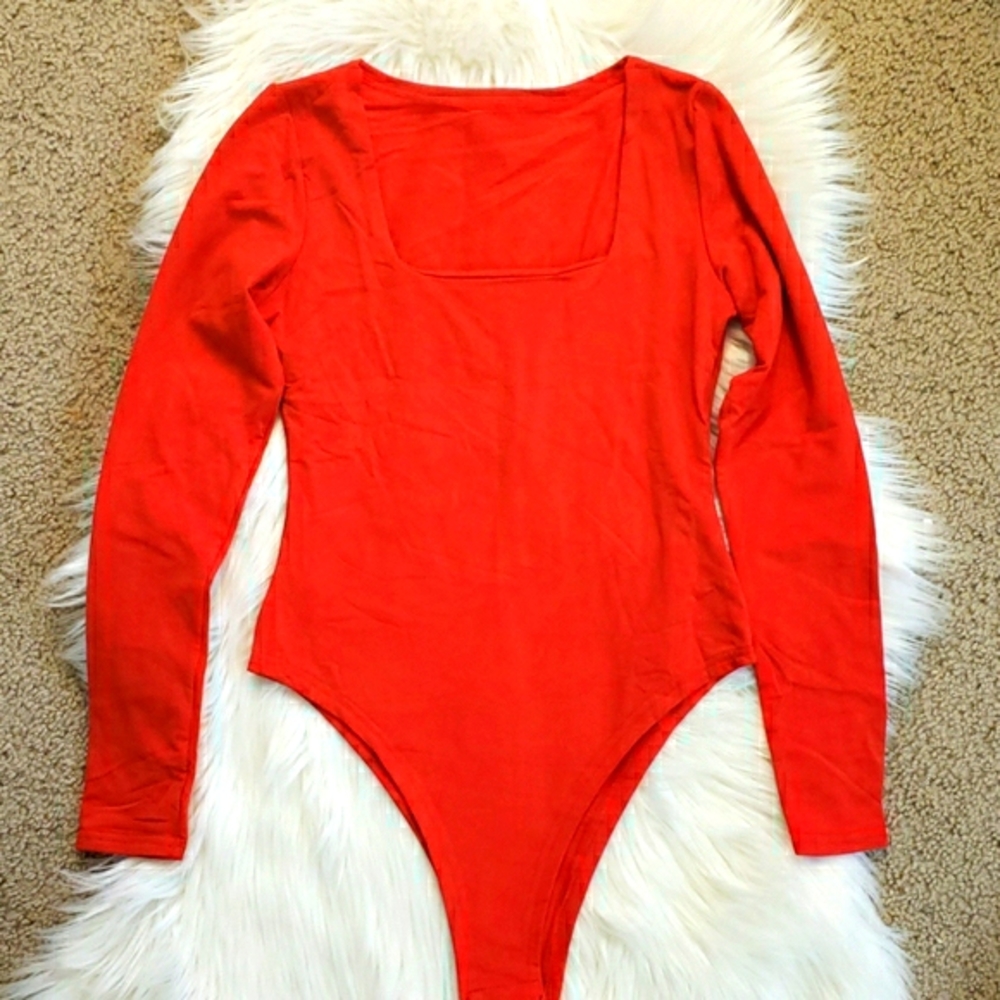 New Red Long Sleeves Cozy Square Neck Bodysuit - Picture 7 of 8